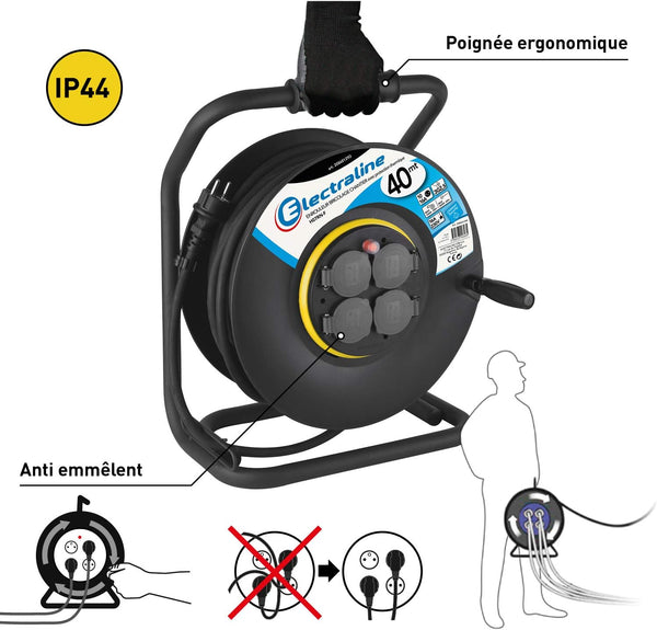 Rallonge Prolongateur électrique IP44 Profesionnelle 40m  avec enrouleur Noir - Section 3G2,5 mm²