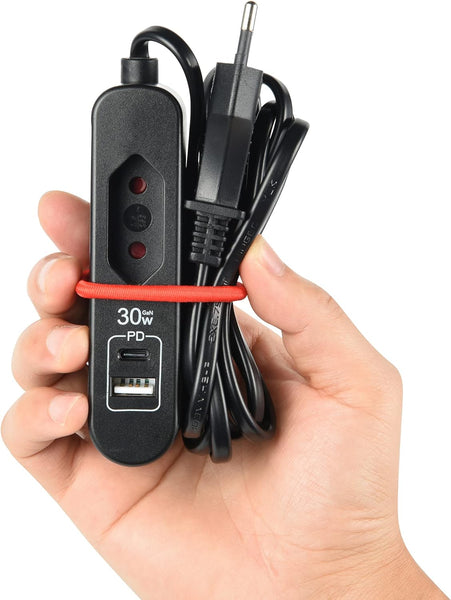 Chargeur Portable 30W, Power Delivery (PD) avec 2 USB (1 Type A + 1 Type C Protocole PPS : Max. 30W) pour charger tous les appareils, Câble d'extension 1.5M, Prise Européenne