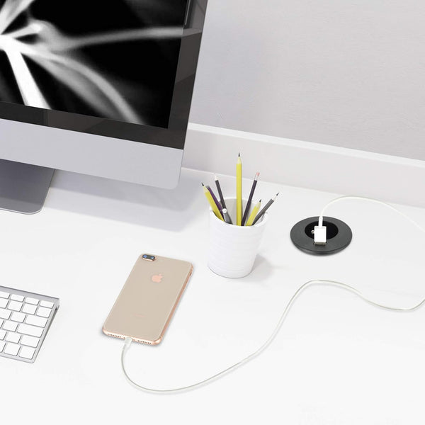 Bloc Multiprise Encastrable Compacte avec 1 Prise + 1 Port USB 2.0A Charge Rapide, pour Bureau/Table, 60 mm de diamètre, Facile a Installer, prolongateur de 2m de câble, Noir