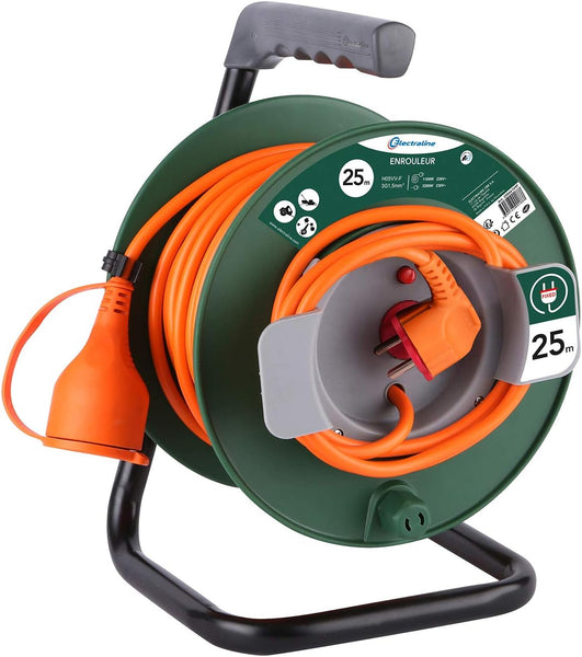 Rallonge Prolongateur Jardin 25M/40M avec enrouleur 16A - Section 3G1,5 mm²,  Orange/Vert