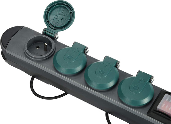 Bloc Multiprises Étanche Professionnel avec Enrouleur, 4 Prises 16A, Câble en Caoutchouc 1.8m, H07RN-F 3G1,5 mm², IP44, Noir/Vert