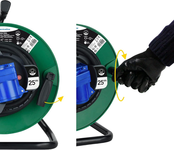 Rallonge Electrique en Caoutchouc avec Enrouleur de Câble Car, Camping, Caravane, avec Fiche CEE tripolaire et Un Price Industrielle IEC-IP44, Vert/Noir, 25m
