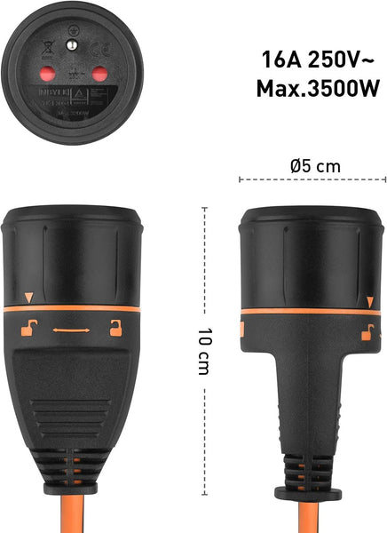 Rallonge Prolongateur Jardín avec Enrouleur 40M 3G1.5mm avec Fiche Femelle Français Electralock équipée d'un système de verrouillage qui empêche la déconnexione fiche-prise