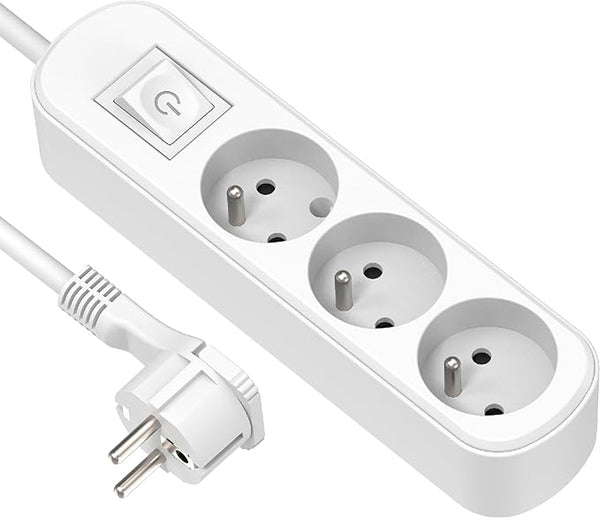 Bloc Multiprises 3 prises, interrupteur et fiche Plate - 1,5m, Noir/Blanc