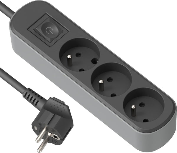 Bloc Multiprise Prima 3 Prises 16A avec Interrupteur, Longueur 1.5/3M Mètres, Noir/Gris ou Blanc/Gris