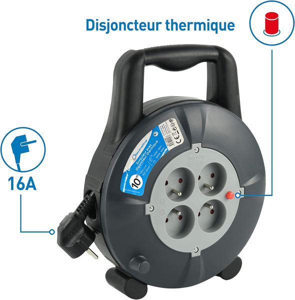 Enrouleur Rallonge Ménager Domestique 5m/10m 16A,Câble H05VV-F, Section 3G1,5 mm²
