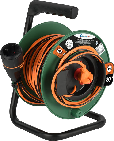 Rallonge Prolongateur Jardin avec Enrouleur 20m/40m, 2x1.5 mm avec prise européenne Electralock équipée d'un système de verrouillage, Noir / Orange