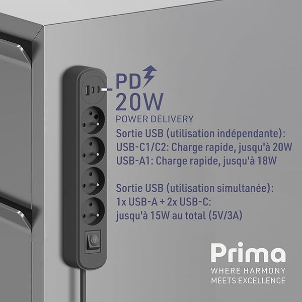 Electraline 35621 Bloc Multiprise Prima 4 Prises 16A + 3 USB (1 USB A + 2 USB C PD20W) avec Interrupteur, Câble 1.5M, Blanc/Noir