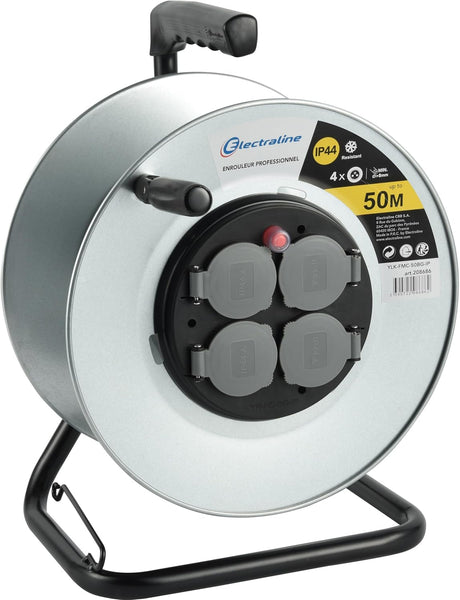 Enrouleur Electrique professionnel pour chantier en Métal, 4 prises, IP44 étanche avec guide pour le câble et poignée ergonomique - Sans câble