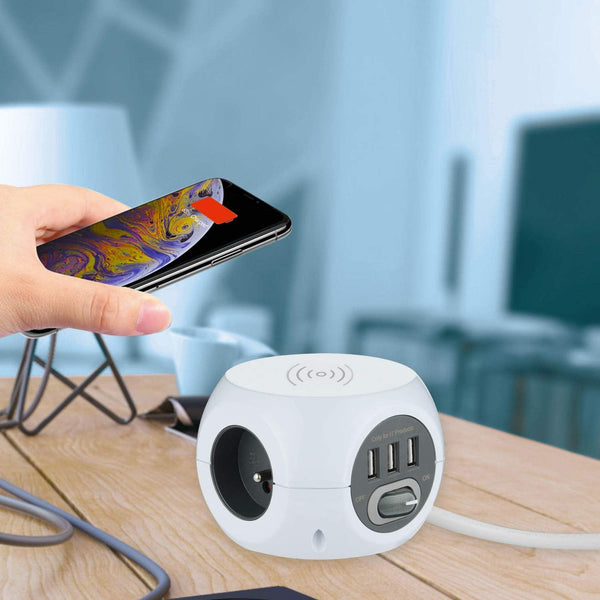 Mini Cube avec chargeur rapide sans fils, Fast Wireless Charger QI, 3 Ports USB 2.4A, Bloc 3 Prises avec Interrupteur, Rallonge Multiprise 1,5M, Blanc