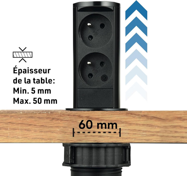 Bloc Multiprise Escamotable Pop-up 2 Prises Françaises, Diamètre Standard 60mm, Prise encastrable pour Cuisine, Bureau, Corps en acier inoxydable, Noir