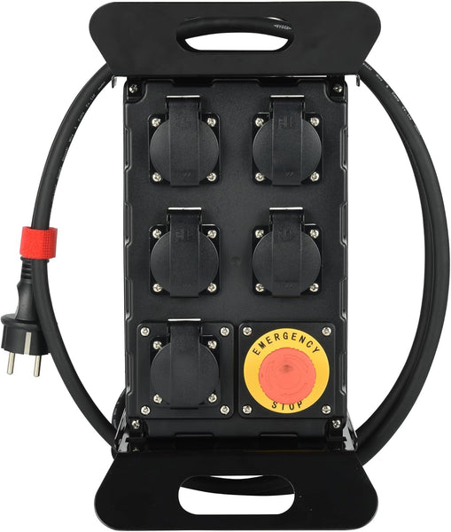 Coffret de Chantier 16A, 5 Prises Françaises IP44 16A, avec Disjoncteur Différentiel 30m et Bouton Poussoir d'arrêt, Cable H07RN-F 3G2.5mm Longueur 2m
