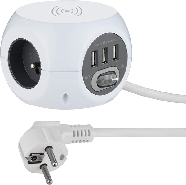 Mini Cube avec chargeur rapide sans fils, Fast Wireless Charger QI, 3 Ports USB 2.4A, Bloc 3 Prises avec Interrupteur, Rallonge Multiprise 1,5M, Blanc