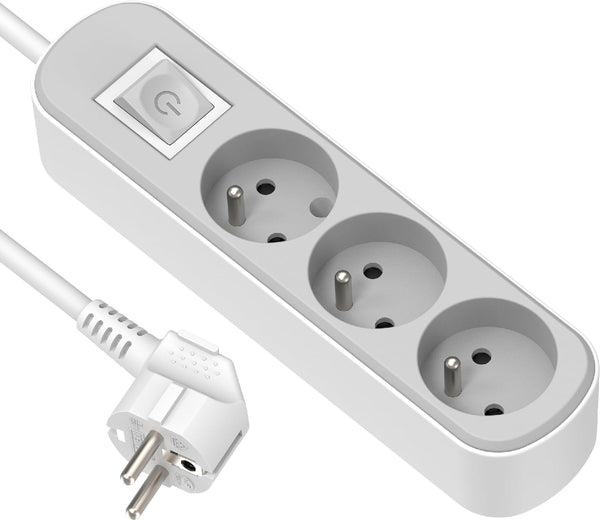 Bloc Multiprise Prima 3 Prises 16A avec Interrupteur, Longueur 1.5/3M Mètres, Noir/Gris ou Blanc/Gris