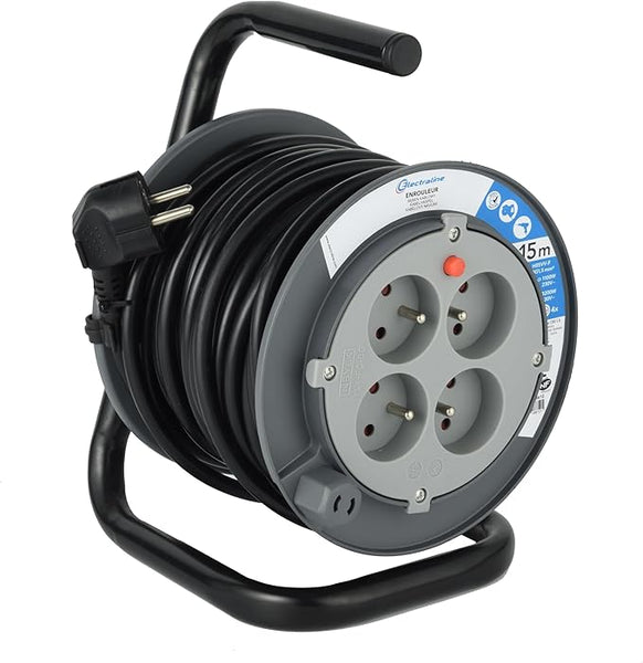 Rallonge Prolongateur électrique 10M/15M avec enrouleur 4 Prises 16 A section 3G1,5 mm² Gris