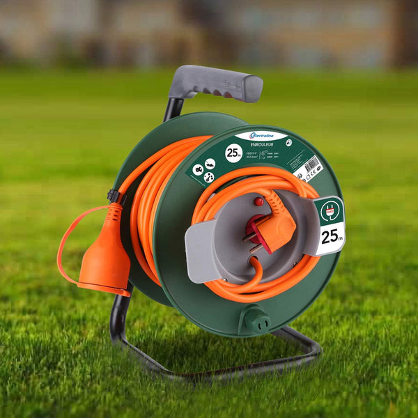 Rallonge Prolongateur Jardin 25M/40M avec enrouleur 16A - Section 3G1,5 mm²,  Orange/Vert