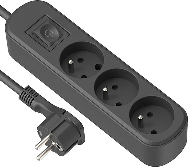 Bloc Multiprises 3 prises, interrupteur et fiche Plate - 1,5m, Noir/Blanc