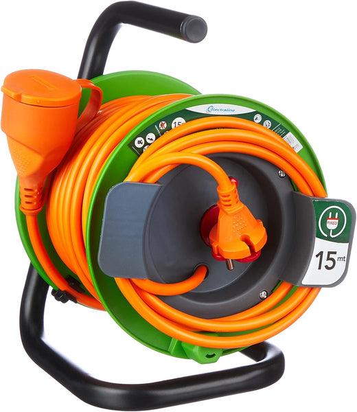 Rallonge Prolongateur Jardin 15M avec enrouleur 16A - Section 2x1,5 mm² Orange/Vert