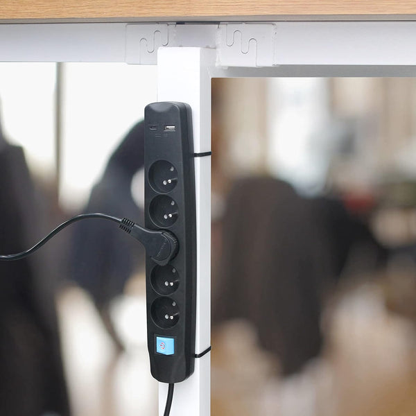 Bloc Multiprise 5 Prises Françaises + 2 USB (3.4A 17W A+1 Type C), Avec interrupteur On/Off, Fiche Extra Plate 90° 16A, Câble 1.5M, Blanc/Noir