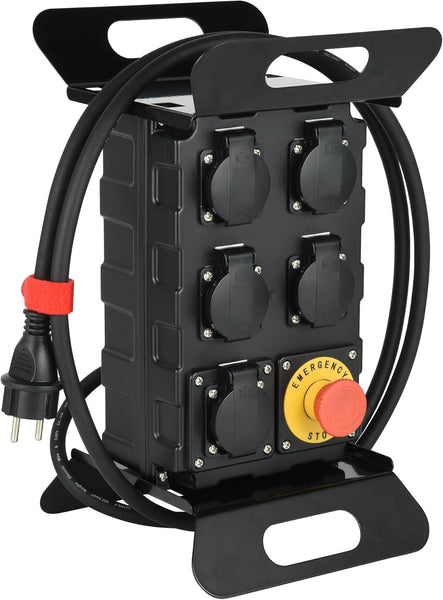 Coffret de Chantier 16A, 5 Prises Françaises IP44 16A, avec Disjoncteur Différentiel 30m et Bouton Poussoir d'arrêt, Cable H07RN-F 3G2.5mm Longueur 2m