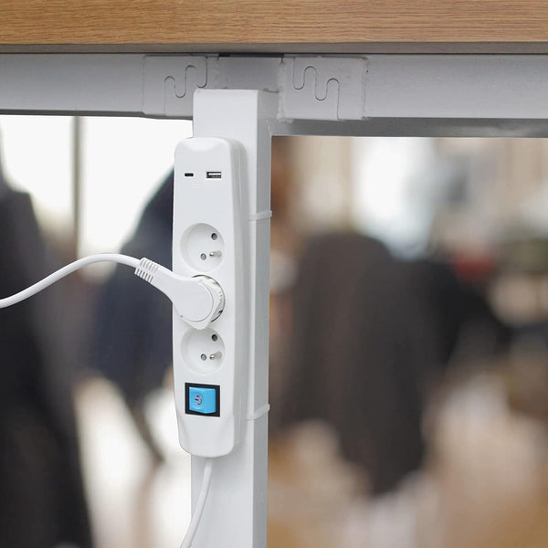 Bloc Multiprise 3 Prises Françaises + 2 USB 3.4A 17W (1 Type A + 1 Type C), Avec interrupteur ON/OFF, Fiche Extra Plate 90° 16A, Câble 1.5M, Blanc/ Noir