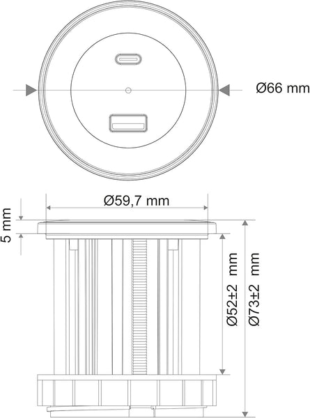 Bloc Multiprise Encastrable Compacte avec 2 Prise USB 45W (1 type C Power Delivery + 1 type A 3.0A Q.C.), pour Bureau/Table, Diamètre 54mm ou 60 avec adaptateur inclus, 3M