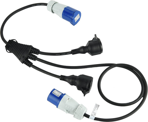 Câble d'alimentation pour caravane, Splitter à 3 voies avec 2 prises Schuko + 1 prise CEE, Fiche CEE pour usage extérieur IP44, câble en caoutchouc H07RN-F 3G1.5 mm, longueur 1.5 M