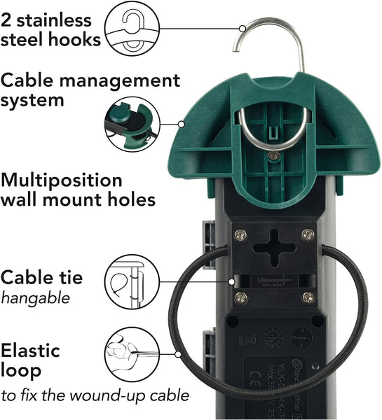 Bloc Multiprises Étanche Professionnel avec Enrouleur, 3 Prises avec Capuchon 16A Françaises, Câble en Caoutchouc H07RN-F 3G1.5 mm², Longueur 3m, IP44