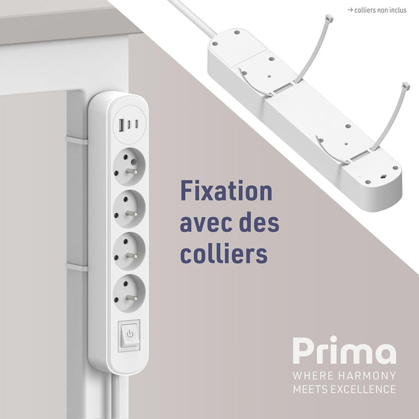 Electraline 35621 Bloc Multiprise Prima 4 Prises 16A + 3 USB (1 USB A + 2 USB C PD20W) avec Interrupteur, Câble 1.5M, Blanc/Noir