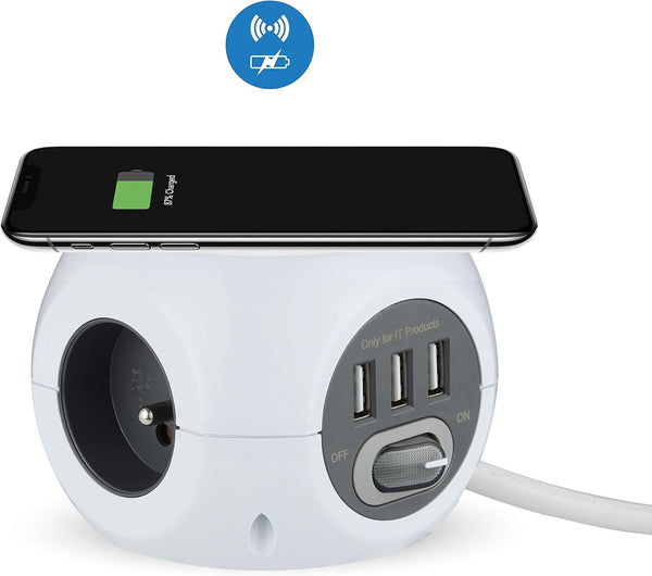 Mini Cube avec chargeur rapide sans fils, Fast Wireless Charger QI, 3 Ports USB 2.4A, Bloc 3 Prises avec Interrupteur, Rallonge Multiprise 1,5M, Blanc