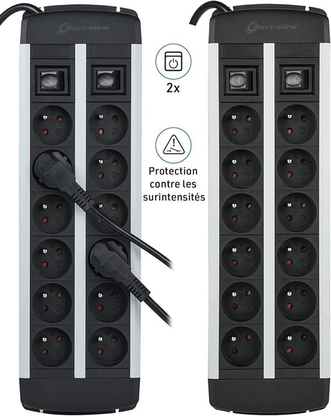 Alu-Line Bloc Multiprise 12 Prises avec Corps en Aluminium, Câbles H05VV-F 3G1.5mm, Longueur 2M, 2 interrupteurs (1 x 6 prises), avec protection contre les surcharges
