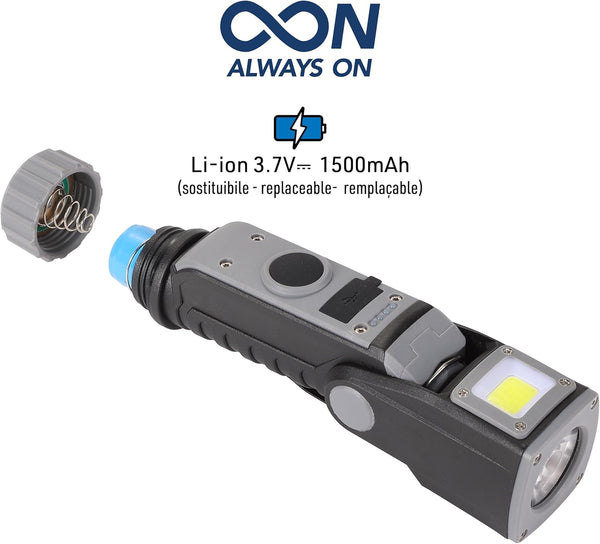 Lampe torche de travail LED rechargeable, 400 lm, 1500 mAh, tête pivotante, 4 modes d'éclairage