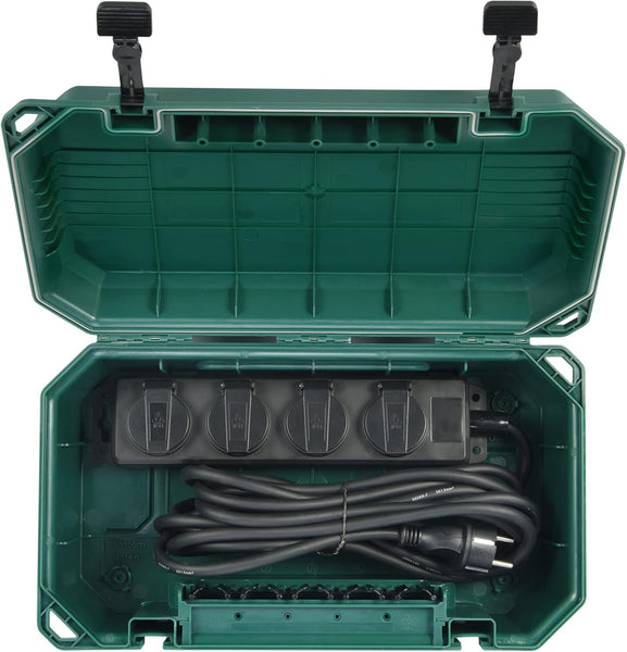 Boîte de protection étanche pour extérieure résistant aux intempéries IP54 avec Bloc Multiprise inclus 4 prises IP44 avec capuchons, Câble de 5m H05RR-F 3G1.5,Vert, X-Large