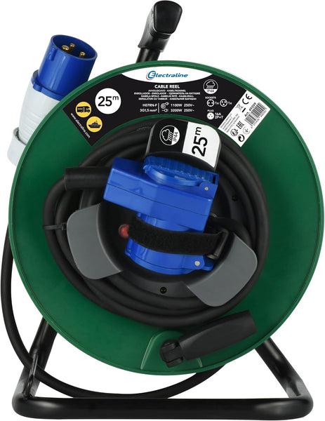Rallonge Electrique en Caoutchouc avec Enrouleur de Câble Car, Camping, Caravane, avec Fiche CEE tripolaire et Un Price Industrielle IEC-IP44, Vert/Noir, 25m