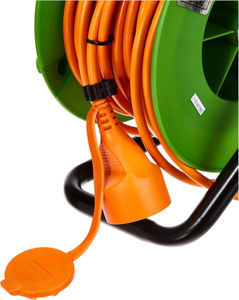 Rallonge Prolongateur Jardin 25M/30M/40M/50M avec enrouleur 16A - Section 2x1,5 mm², Orange/Vert, Prise - 2 Broches (EU)