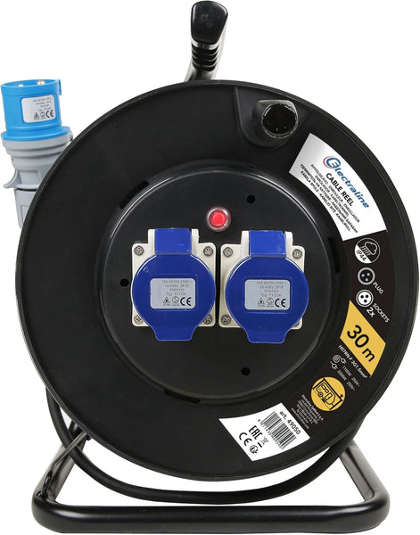 Rallonge Electrique en Caoutchouc avec Enrouleur de Câble de 30m pour Camping-Car, camping, caravane, avec Fiche CEE tripolaire et 2 Prises industrielle IEC - IP44