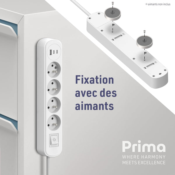 Electraline 35621 Bloc Multiprise Prima 4 Prises 16A + 3 USB (1 USB A + 2 USB C PD20W) avec Interrupteur, Câble 1.5M, Blanc/Noir