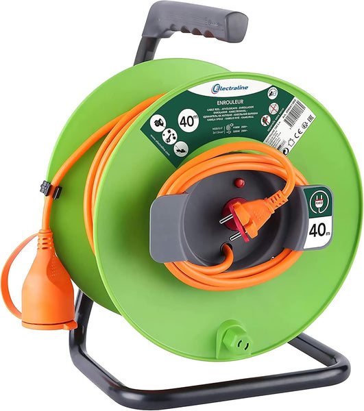 Rallonge Prolongateur Jardin 25M/30M/40M/50M avec enrouleur 16A - Section 2x1,5 mm², Orange/Vert, Prise - 2 Broches (EU)