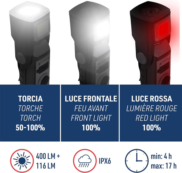 Lampe torche de travail LED rechargeable, 400 lm, 1500 mAh, tête pivotante, 4 modes d'éclairage