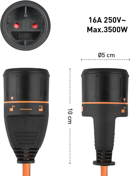 Rallonge Prolongateur Jardin avec Enrouleur 20m/40m, 2x1.5 mm avec prise européenne Electralock équipée d'un système de verrouillage, Noir / Orange