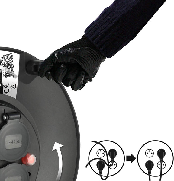 Enrouleur Electrique Professionnel 40M pour Chantier Prises IP44 avec Guide pour Le câble, Platine Fixe et poignée Ergonomique, Noir