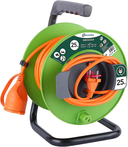 Rallonge Prolongateur Jardin 25M/30M/40M/50M avec enrouleur 16A - Section 2x1,5 mm², Orange/Vert, Prise - 2 Broches (EU)