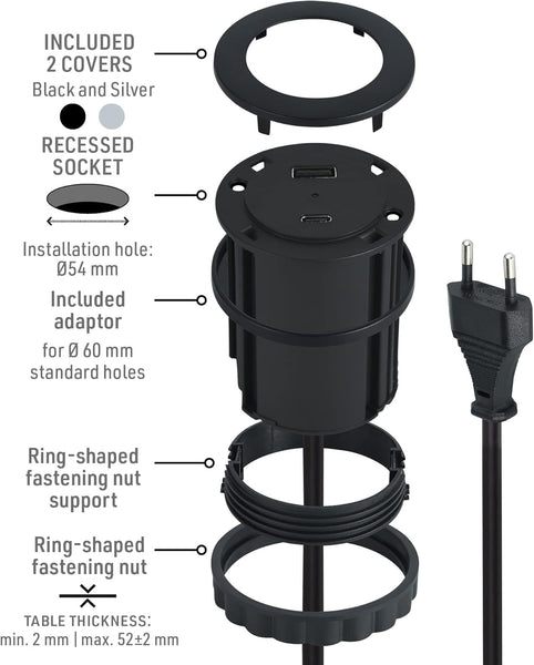 Bloc Multiprise Encastrable Compacte avec 2 Prise USB 45W (1 type C Power Delivery + 1 type A 3.0A Q.C.), pour Bureau/Table, Diamètre 54mm ou 60 avec adaptateur inclus, 3M