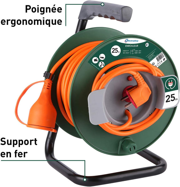 Rallonge Prolongateur Jardin 25M/40M avec enrouleur 16A - Section 3G1,5 mm²,  Orange/Vert