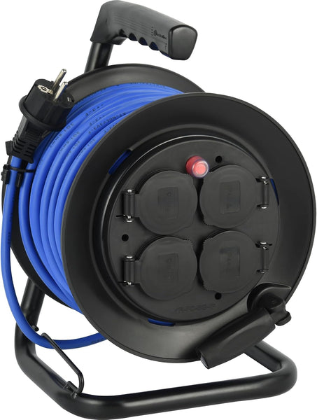 Rallonge Prolongateur électrique Outdoor Profesionnelle avec Enrouleur 25M, Câble spécial AT-N05V3V3-F 3G1.5, utilisable jusqu'à -35 °C, résistant aux UV, huiles, 4 Prises 16A IP44
