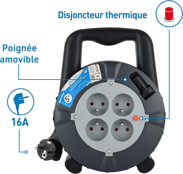 Enrouleur Rallonge Ménager Domestique 5m/10m 16A,Câble H05VV-F, Section 3G1,5 mm²