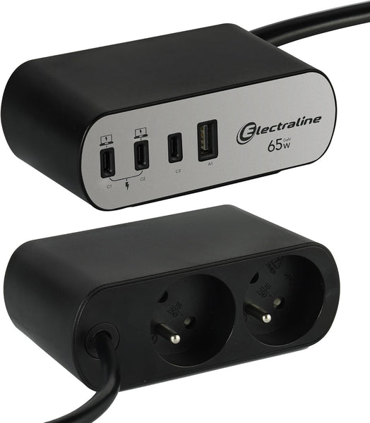 Bloc Multiprise pour Bureaux Electradock avec 2 Prises Françaises + 4 USB (3 USB C (Power Delivery) PD65W + 1 USB A QC) + 1 support de bureau inclus