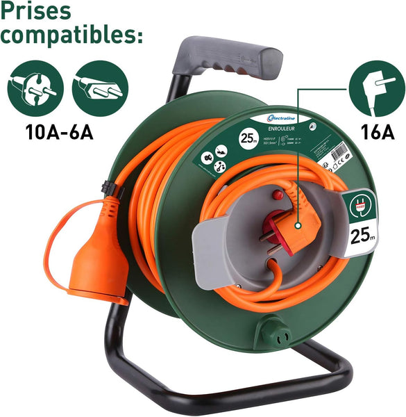 Rallonge Prolongateur Jardin 25M/40M avec enrouleur 16A - Section 3G1,5 mm²,  Orange/Vert
