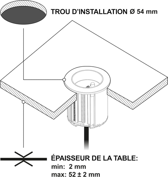 Bloc Multiprise Encastrable Compacte avec 1 Prise 16A pour Bureau / Table, 54 mm de diamètre ou 60mm standard avec adaptateur (inclus), Facile a Installer, Prolongateur de 2M