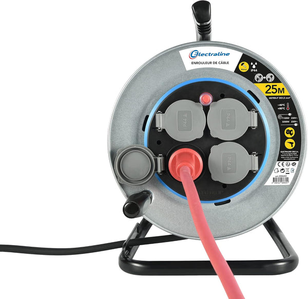 Enrouleur Electrique Professionnel 25m/40m pour Chantier en Métal 4 Prises IP44 avec Guide, Platine Fixe et poignée Ergonomique, Câble en Caoutchouc H07RN-F 3G1.5
